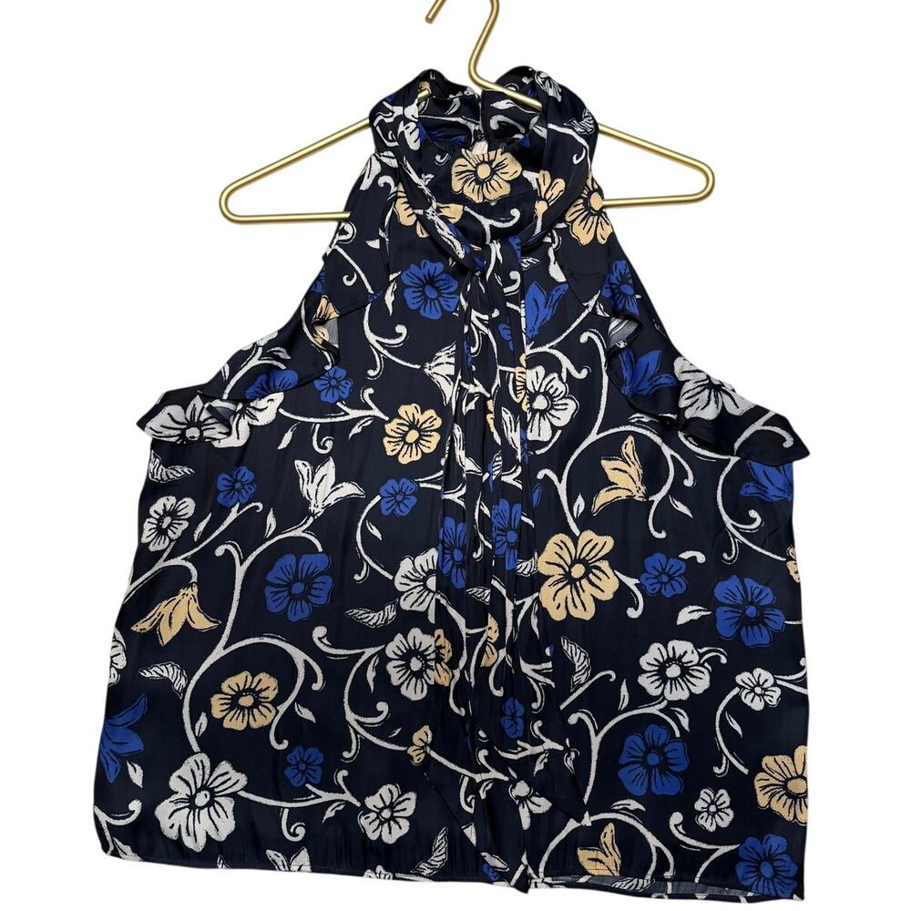ANN TAYLOR Floral Ruffle Mock Neck Halter Top L EUC Blouse